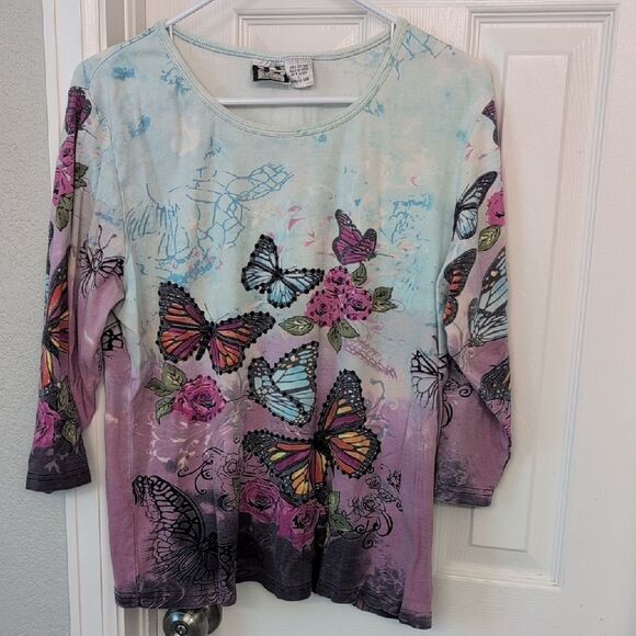 Take Two Tops - Colorful Butterfly and Floral Long Sleeve Top